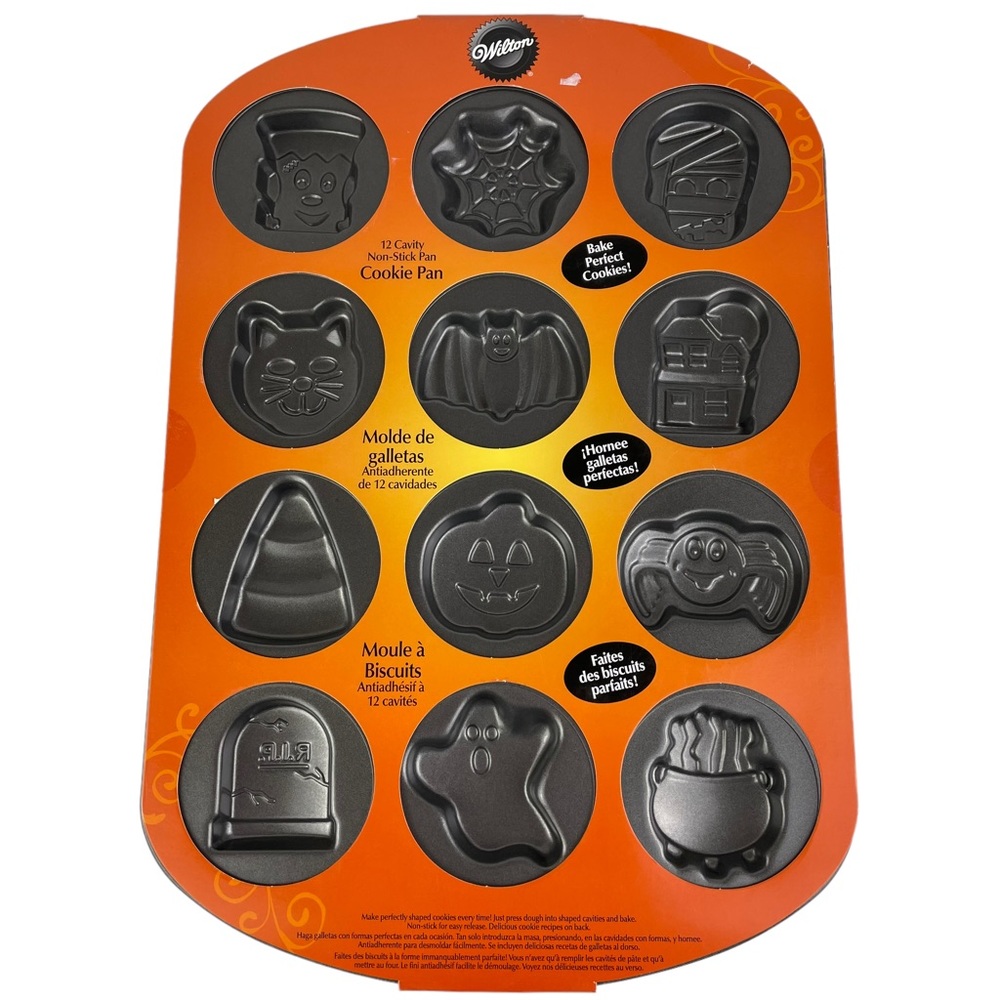 NWT Wilton Halloween Cavity Cookie Pan Bat Cat Ghost Grave Spider Web Mummy RIP
